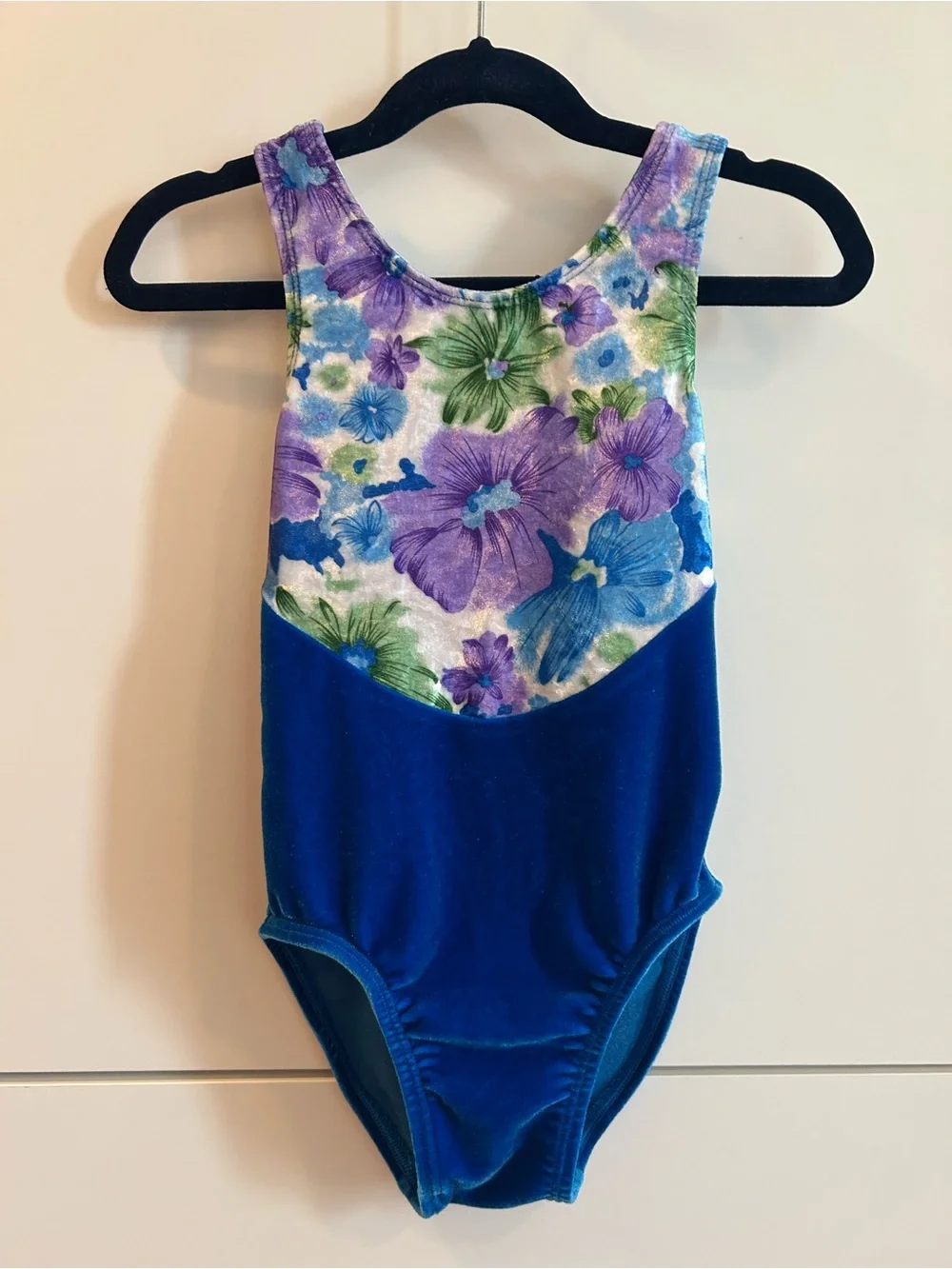 GK Girls Blue Floral Tank Velvet Gymnastics Leotard - Child’s Medium